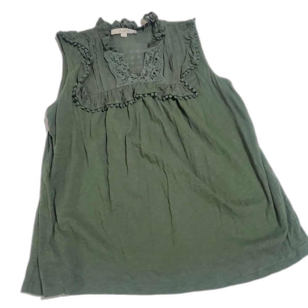 LOFT Olive Green Ruffled Crochet Tank Top